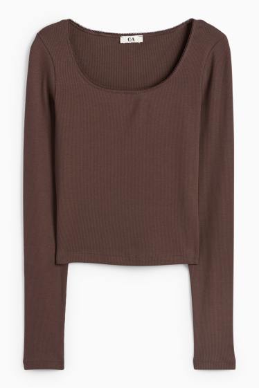 Femei - Tricou crop cu mânecă lungă - reiat - maro închis
