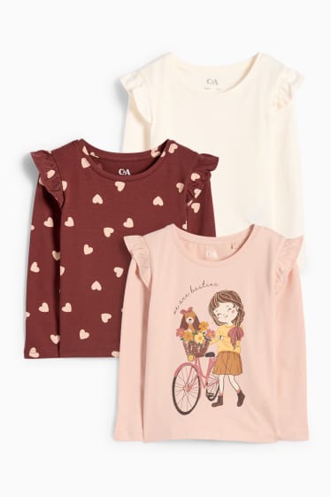 Copii - Fete - Multipack 3 buc. - fată și inimi - tricou cu mânecă lungă - roz