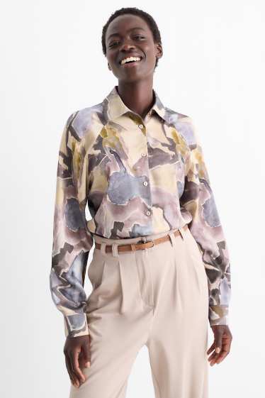 Women - Satin blouse - patterned - beige