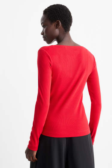 Femei - Tricou henley basic - slim fit - reiat - roșu