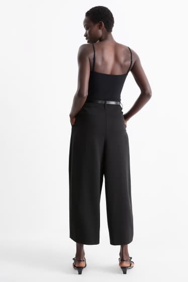 Dámské - Plátěné kalhoty s páskem - high waist - wide leg - černá