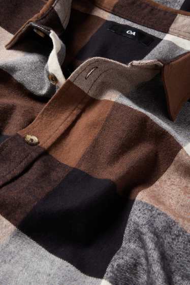 Pánské - Košile - regular fit - kent - kostkovaná - tmavohnědá