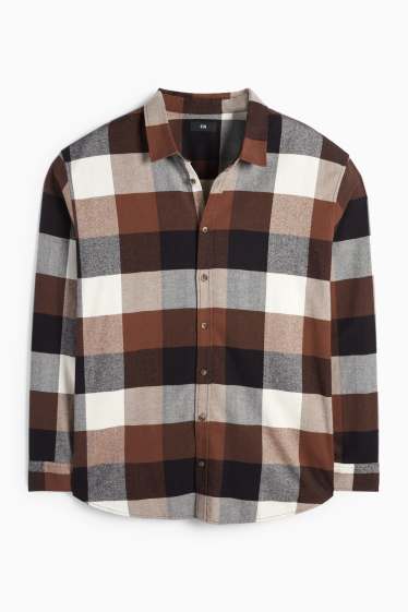 Pánské - Košile - regular fit - kent - kostkovaná - tmavohnědá