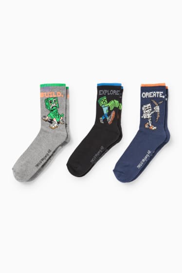 Kinder Jungen - Multipack 3er - Minecraft - Tennissocken mit Motiv - blau / grau