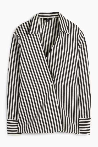 Damen - Bluse mit V-Ausschnitt und Leinen-Anteil - gestreift - schwarz / weiß