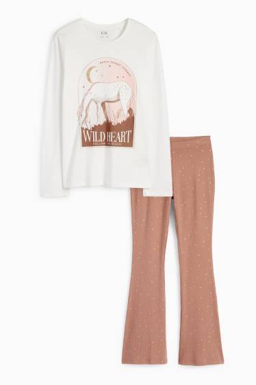 Kinder Mädchen - Pferd - Pyjama - 2 teilig - braun / cremeweiß