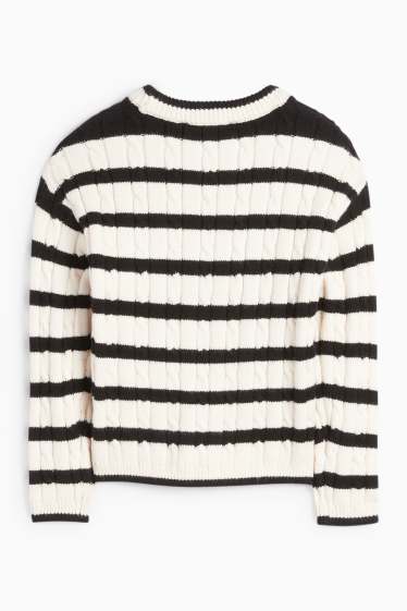 Kinder Mädchen - Pullover - gestreift - Zopfmuster - schwarz / weiss