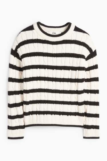 Kinder Mädchen - Pullover - gestreift - Zopfmuster - schwarz / weiss