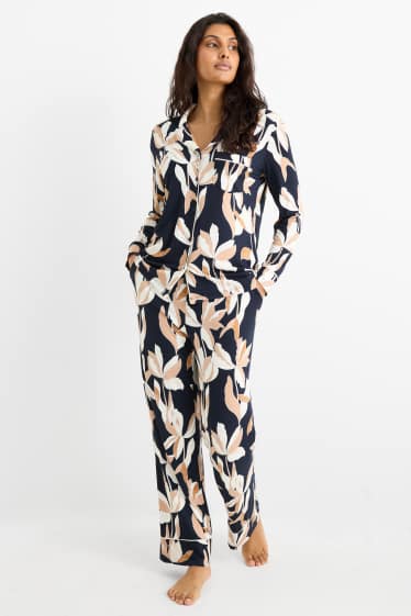 Dona - Pijama de viscosa - de flors - blau fosc