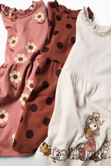 Kinderen: meisjes - Set van 3 - bloem, hond en kat - jurk - roze / beige