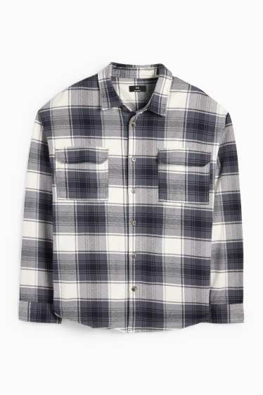 Heren - Flanellen overhemd - relaxed fit - kent - geruit - donkerblauw
