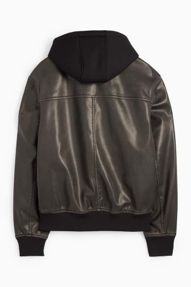 Herren - Jacke mit Kapuze - Lederimitat - schwarz