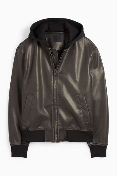Herren - Jacke mit Kapuze - Lederimitat - schwarz