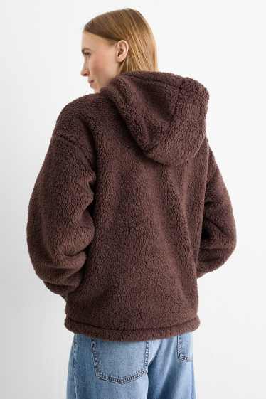Women - Faux fur jacket with hood - dark brown