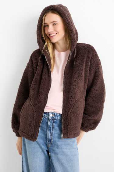 Women - Faux fur jacket with hood - dark brown