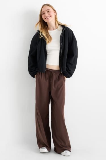 Femmes - Pantalon en toile - mid waist - wide leg - marron foncé