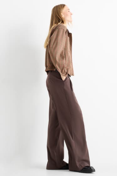 Dámské - Plátěné kalhoty - mid waist - wide leg - tmavohnědá