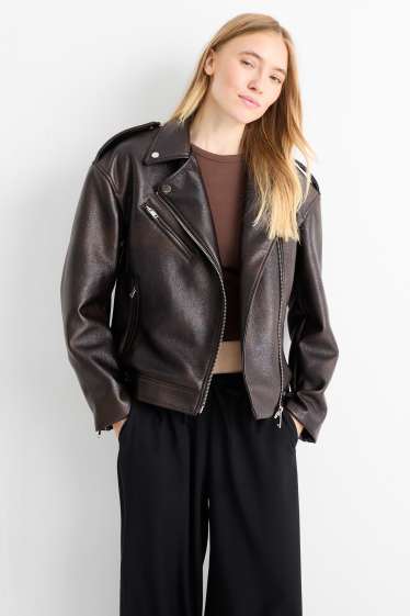 Damen - Bikerjacke - Lederimitat - dunkelbraun