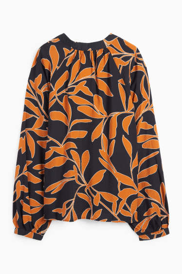 Damen - Bluse mit V-Ausschnitt - geblümt - orange / schwarz