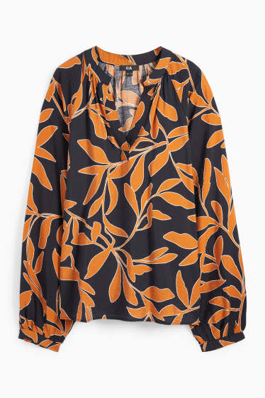 Damen - Bluse mit V-Ausschnitt - geblümt - orange / schwarz