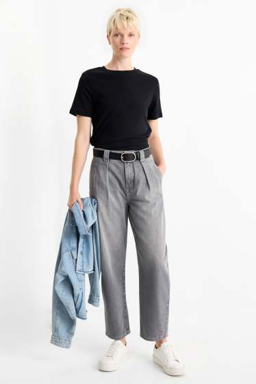 Damen - Barrel Jeans mit Gürtel - High Waist - helljeansgrau