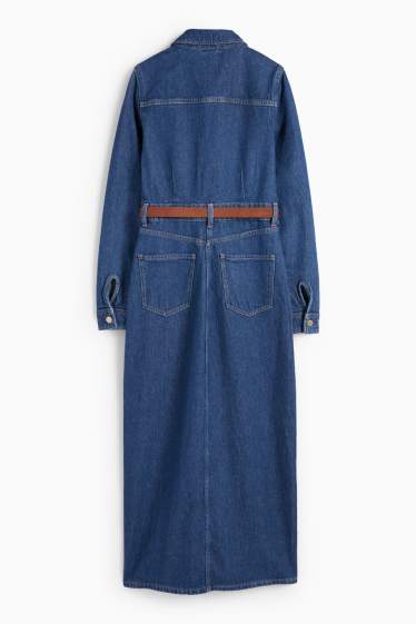 Dames - Denim blousejurk met ceintuur - jeansblauw
