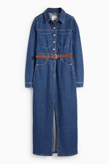 Dames - Denim blousejurk met ceintuur - jeansblauw