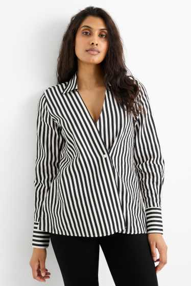 Damen - Bluse mit V-Ausschnitt und Leinen-Anteil - gestreift - schwarz / weiß