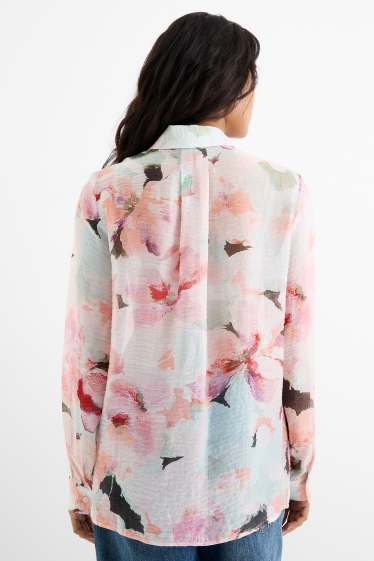 Damen - Hemdbluse - geblümt - weiss / rosa