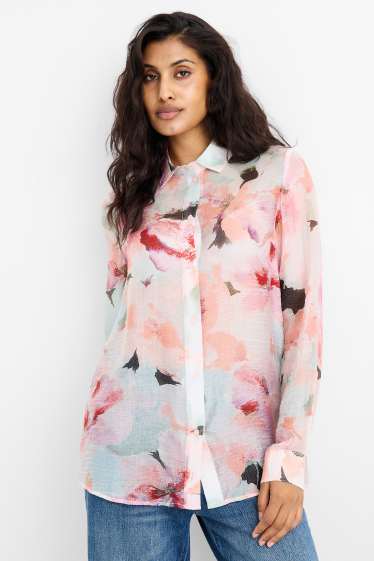 Damen - Hemdbluse - geblümt - weiss / rosa