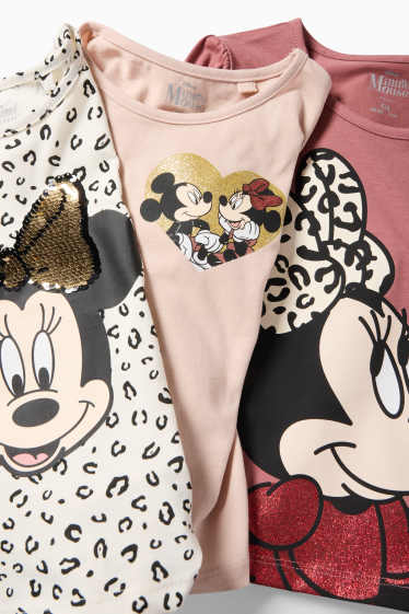 Děti - dívky - Multipack 3 ks - Minnie Mouse - tričko s dlouhým rukávem - s lesklou aplikací - krémově bílá