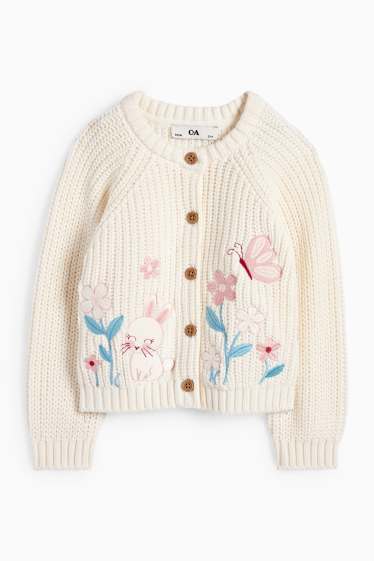 Kinder Mädchen - Hase, Schmetterling und Blume - Strickjacke - gerippt - cremeweiß