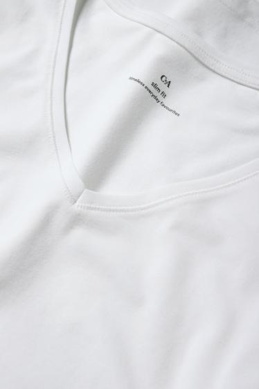Dámské - Multipack 3 ks - tričko basic s výstřihem ve tvaru V - slim fit - bílá