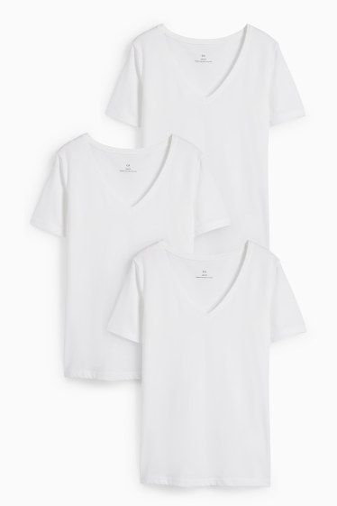 Dámské - Multipack 3 ks - tričko basic s výstřihem ve tvaru V - slim fit - bílá