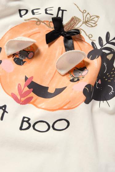 Kinder Mädchen - Katze und Kürbis - Set - Langarmshirt und Maske - 2 teilig - cremeweiß