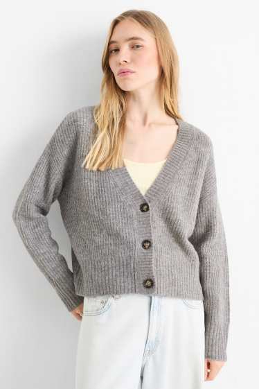 Women - Cardigan - ribbed - gray-melange