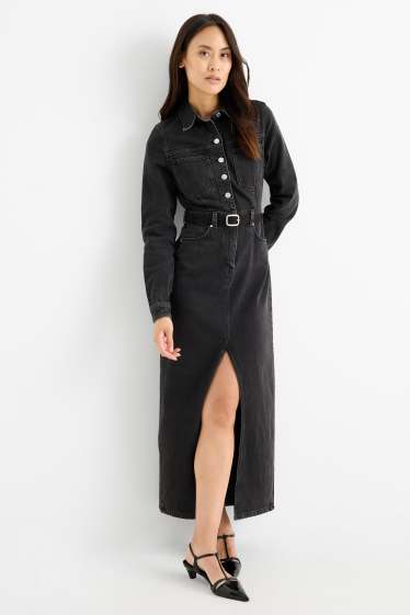 Women - Denim shirt dress with belt - denim-dark gray