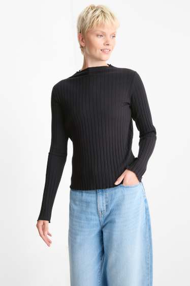 Femei - Tricou cu mânecă lungă basic - reiat - negru