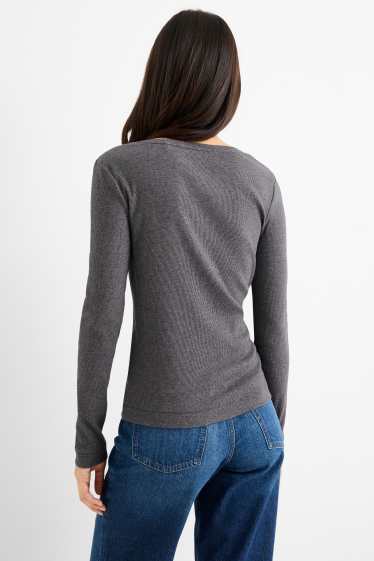 Dona - Samarreta bàsica de mànigues llargues d’estil henley - slim fit - acanalada - gris fosc