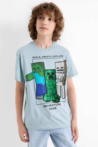 Děti - chlapci - Minecraft - tričko s krátkým rukávem - s lesklou aplikací - světle modrá