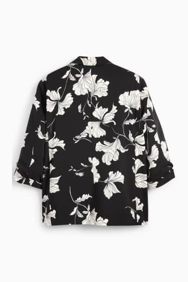 Dames - Lange blazer - relaxed fit - gebloemd - zwart / wit