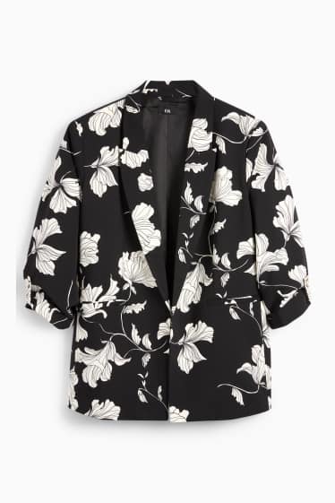 Dames - Lange blazer - relaxed fit - gebloemd - zwart / wit