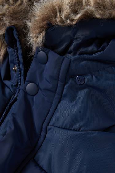 Kinderen: jongens - Gewatteerde jas met capuchon en imitatiebontrandje - donkerblauw