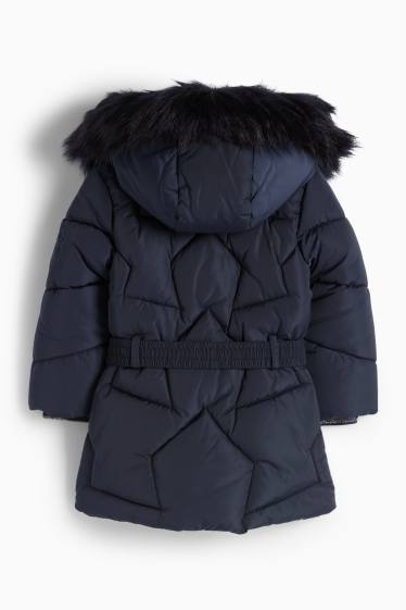 Children Girls - Quilted jacket with hood and faux fur trim - dark blue