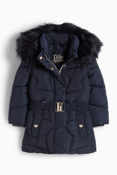 Children Girls - Quilted jacket with hood and faux fur trim - dark blue