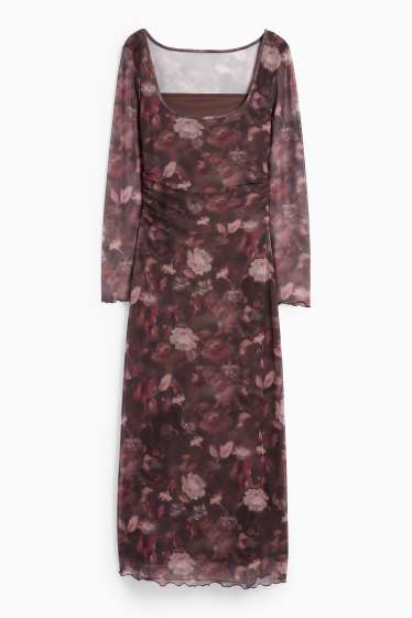 Damen - Mesh-Kleid - geblümt - dunkelbraun