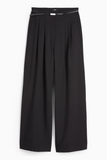 Donna - Pantaloni di stoffa con cintura - vita alta - gamba ampia - nero