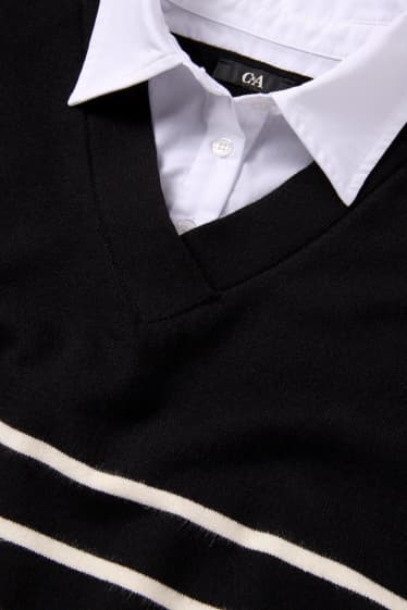 Femmes - Pull - look 2-en-1 - rayé - noir / blanc