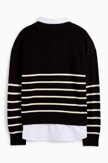 Femmes - Pull - look 2-en-1 - rayé - noir / blanc