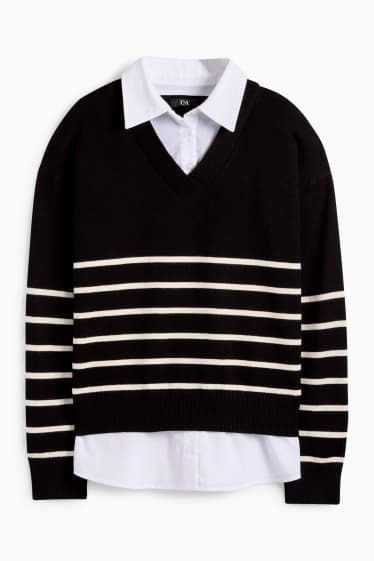 Femmes - Pull - look 2-en-1 - rayé - noir / blanc